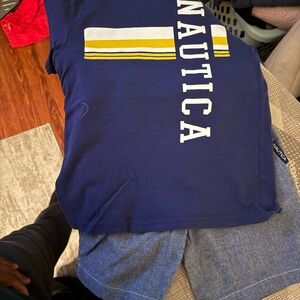Nautica Navy Graphic Tee with Yellow & White Stripes